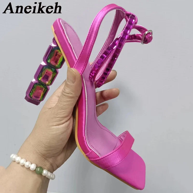 Metallic Heel Sandal - Aneikeh Square Head Crystal Diamond Shiny