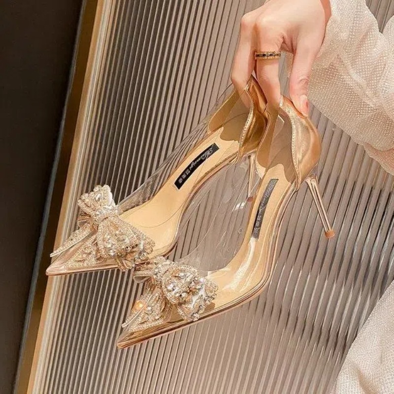 Metallic Heel Sandal - Fashion Design White Pearl Bowknot Women