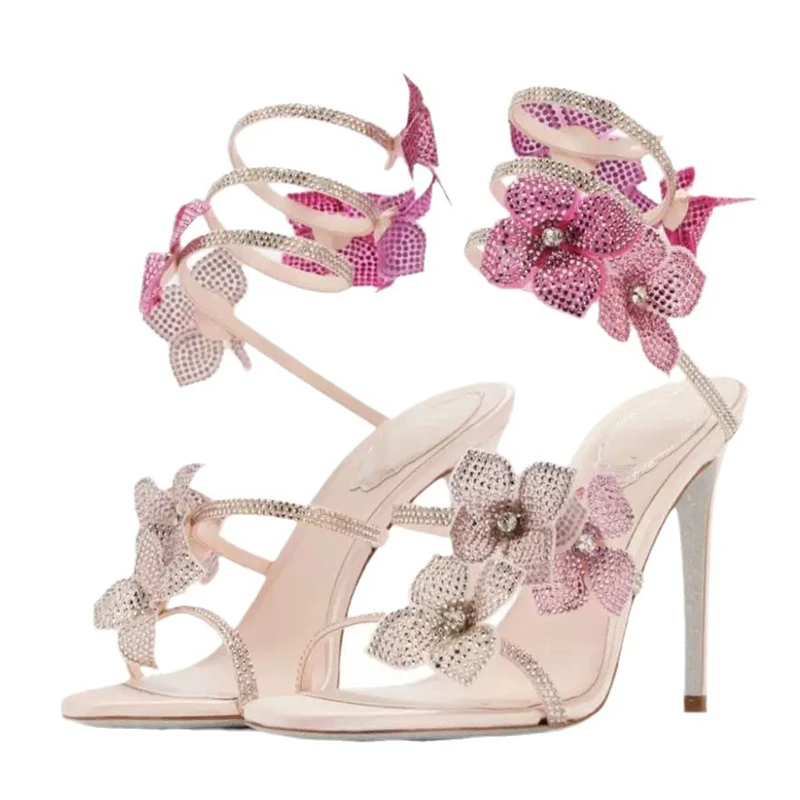 Metallic Heel Sandal - Eilyken Sexy CRYSTAL Flower Thin High