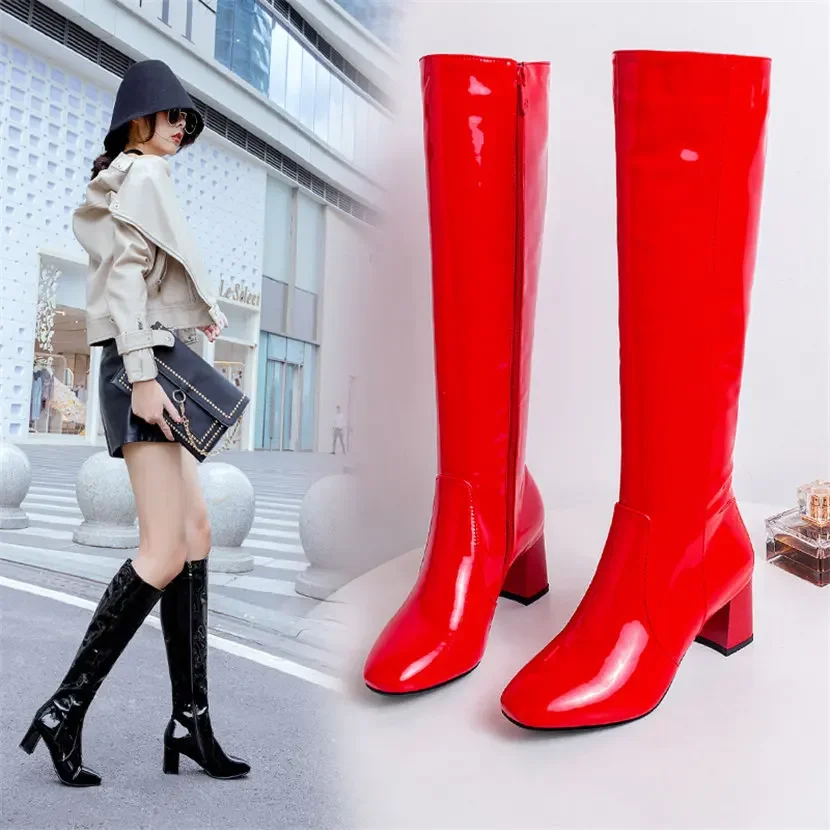 Red White Patent Leather Women - Knee High Boots Women reseña y precio
