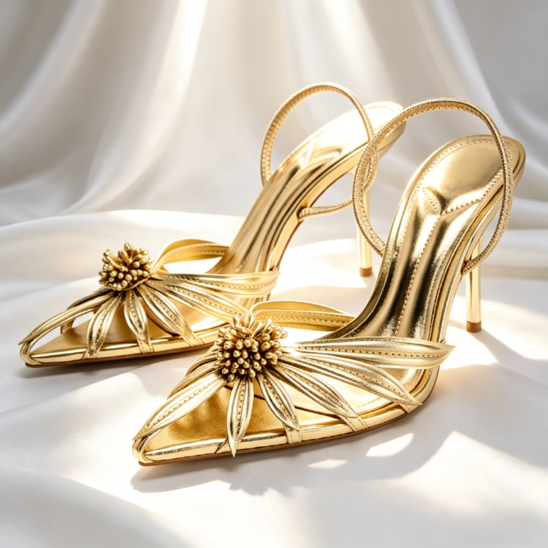 Luxury Gold Floral Detail Slin - Metallic Heel Sandal reseña y precio