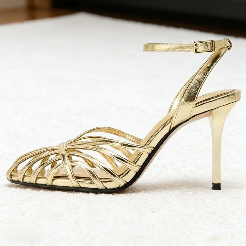 Sexy Gold Hollow Narrow Band H - Metallic Heel Sandal reseña y precio